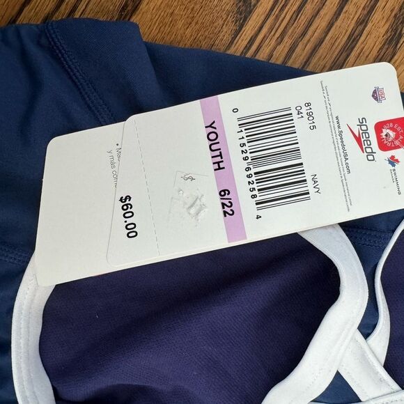 NWT New SPEEDO Solid Endurance+ Flyback Racing Swimsuit Navy White Trim 22 - Picture 5 of 6